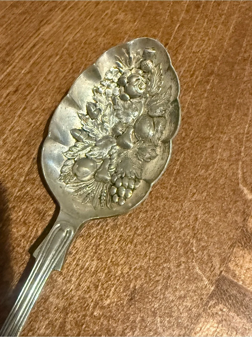 Victorian Silverplate Serving Spoon Ornate Fruit Floral Berry Pattern - Marked